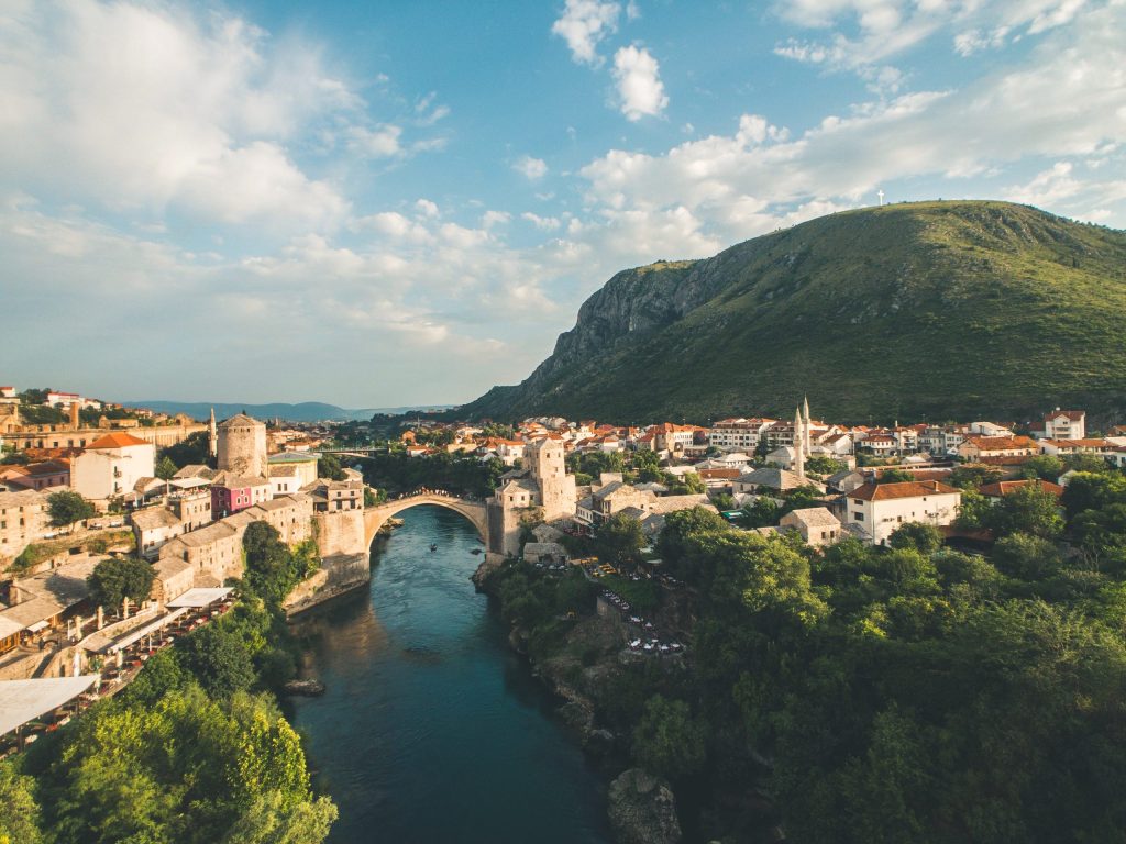 Town with bridge over river